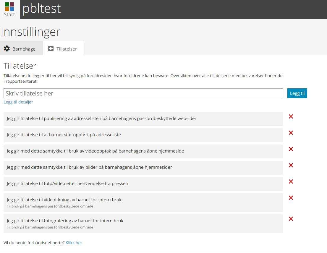 PBL Barnehageweb - tillatelser